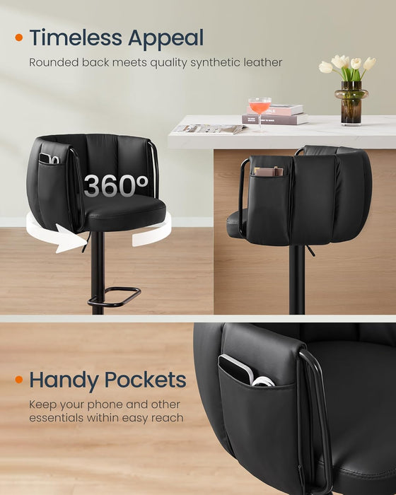 360° Swivel Bar Stools Set of 2, Height Adjustable Barstools with Curved Back, Upholstered Counter Bar Stools with Footrest, Large Base, for Kitchen Island, Modern, Ink Black ULJB103B01