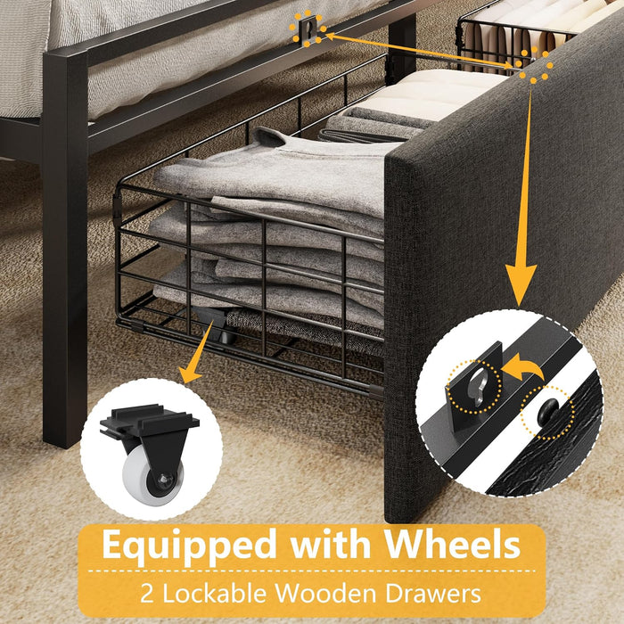 Queen Bed Frame with Storage Drawers, Upholstered Headboard with LED Light & Charging Station, Metal Platform Bed Frame Queen Size, Noise Free, No Box Spring Needed, Black (1200 Lbs Capacity)