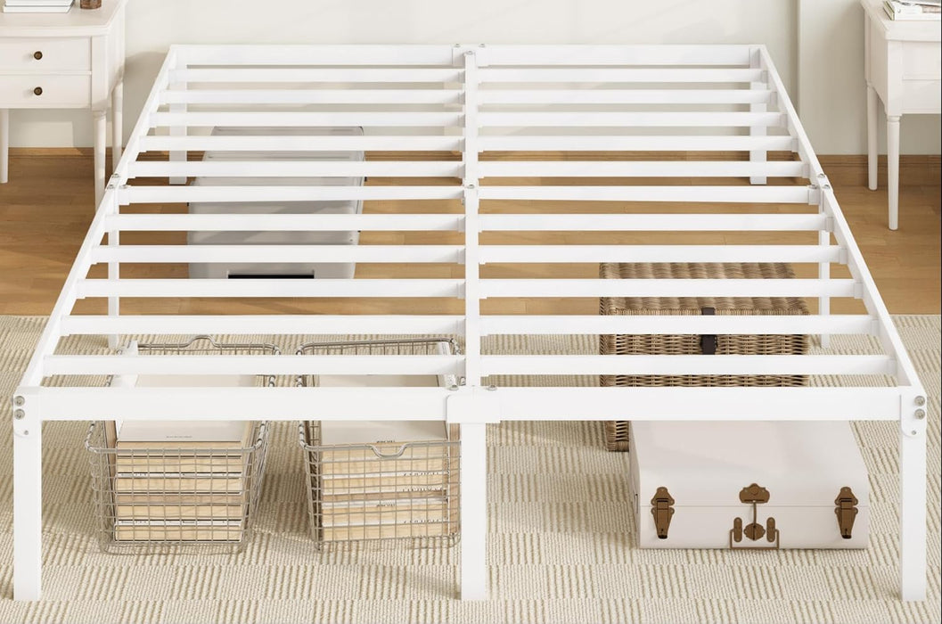 Full Size Bed Frame, 14 Inch Metal Beds with Storage Space, White