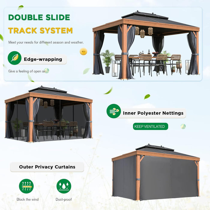 10'X13' Hardtop Gazebo Outdoor Aluminum Wood Grain Gazebos with Galvanized Steel Roof and Mosquito Net for Patios, Deck, Backyard, Curtains & Netting