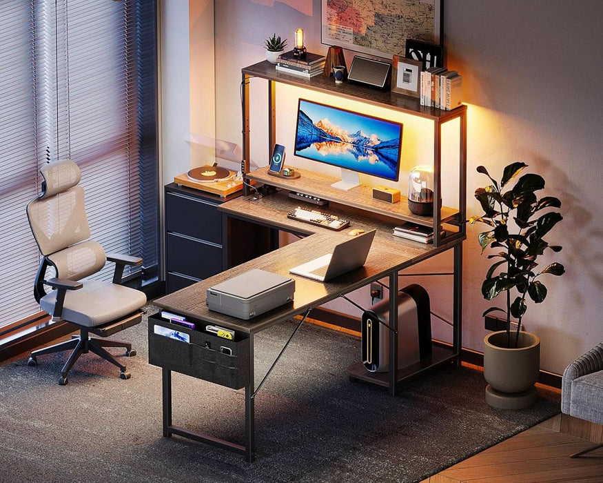 L Shaped Desk Gaming Desk with LED Light & Power Outlet, 53 Inch Reversible L Shaped Computer Desk with Shelf, Corner Desk with Storage Bag&Hook for Home Office Desk, Grey Oak