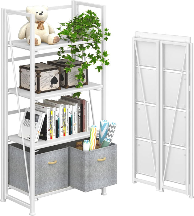 No Assembly Folding Bookshelf Storage Shelves 4 Tiers Vintage Bookcase Standing Racks Study Organizer Home Office (All White)