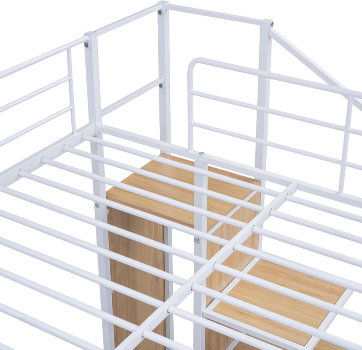 Full over Full Metal Bunk Bed with Storage Ladder and Wardrobe, Modern Iron Bunk Bed Frame with Built-In Shelves and Guardrails for Bedroom, White