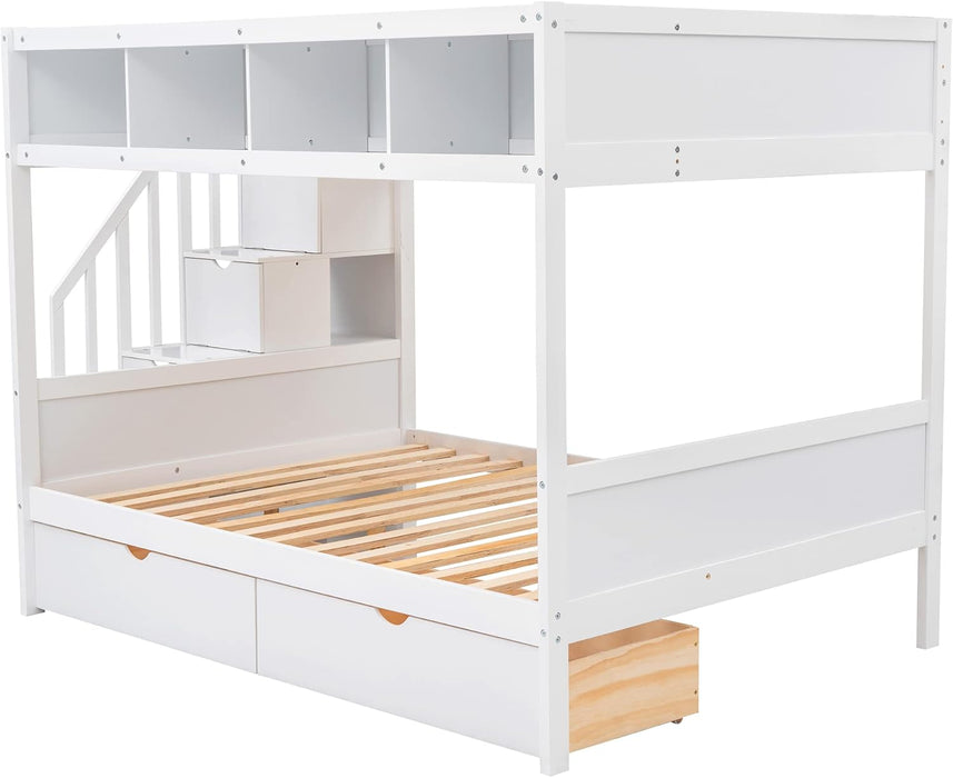 Twin over Full Bunk Bed with Storage Shelves, Stairs, Solid Wood Staiway Bunk Bed Frame with 2 Drawers, for Kids Teens Adults (White)
