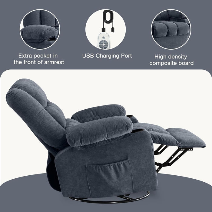 Massage Swivel Rocker Recliner Chair with Vibration Massage and Heat Ergonomic Lounge Chair for Living Room with Rocking Function and Side Pocket, 2 Cup Holders, USB Charge Port