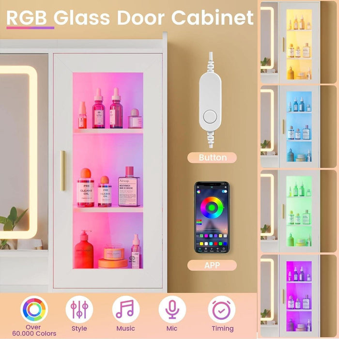 Makeup Vanity Desk with Sliding LED Lighted Mirror, 47.2"W Large Vanity Desk with Drawers, Shelves and Side Storage, RGB Glass Cabinet, White Vanity Table Set with Charging Station for Bedroom