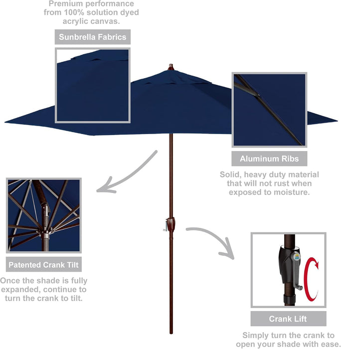 9' Rd Sunbrella Aluminum Patio Umbrella, Crank Lift, Auto Tilt, Bronze Pole, True Blue Fabric