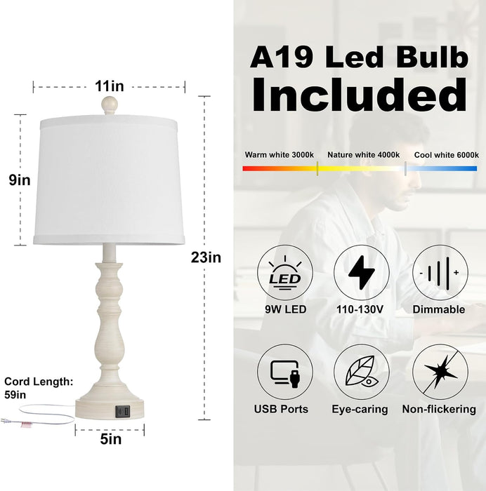 23'' Table Lamps Set of 2, Lamps for Bedroom, USB C+A Ports, Beige
