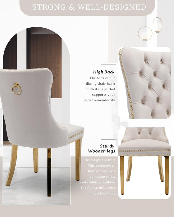 Velvet Dining Chair Set of 2 Upholstered Tufted Dining Room Chair with Nailhead Trim and Stainless Steel Gold Plated Legs for Kitchen, Restaurant, Beige