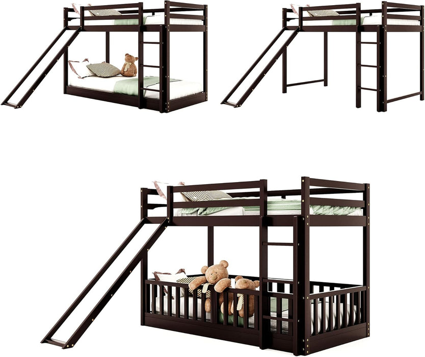 Twin over Twin Floor Bunk Bed with Slide and Ladder, Low Bunk Bed for Kids, Girls, Boys, Removable Fence, Bunk Bed with Slide, Espresso