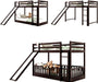 Twin over Twin Floor Bunk Bed with Slide and Ladder, Low Bunk Bed for Kids, Girls, Boys, Removable Fence, Bunk Bed with Slide, Espresso