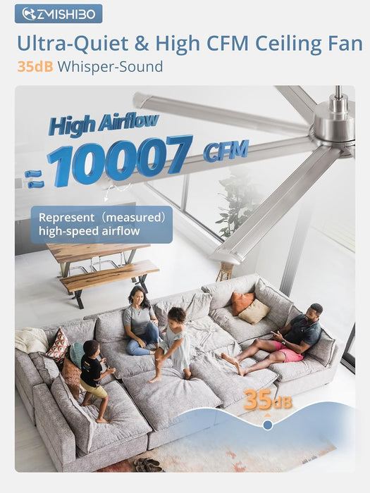 72 Inch Ceiling Fans with Lights, Indoor/Outdoor Industrial Ceiling Fan with 8 Aluminum Reversible Blade, Quiet DC Motor, 3Cct&6-Speed Remote Control, Damp Rated for Living Room/Garage/Gazebo