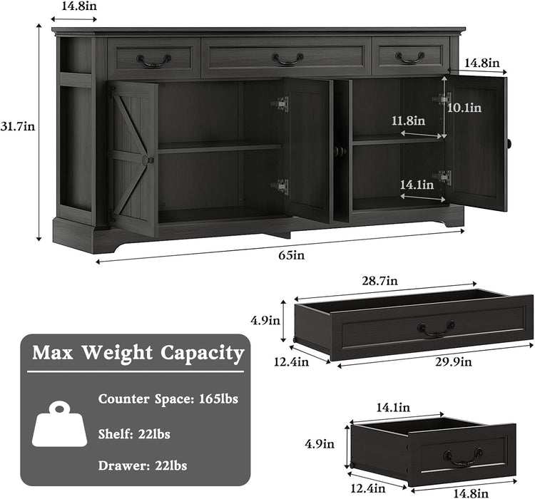 65" Large Sideboard Buffet Cabinet with Storage, Farmhouse Buffet Table Wine Coffee Bar Kitchen Storage Cabinet with 3 Drawers 4 Doors for Living Room, Kitchen, Dining Room, Black Oak
