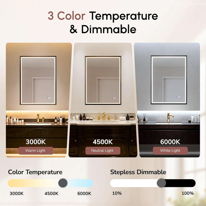 22"X30" Vanity Mirror with Lights, Black Aluminum Framed Led Mirror for Bathroom, Anti-Fog, Stepless Dimmable, Memory Function, 3 Colors Lighted Mirror, Shatter-Proof Bathroom Mirrors, ETL