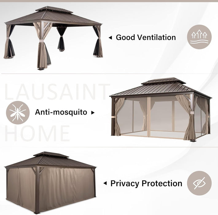10'X12' Hardtop Gazebo with Nettings and Curtains, Waterproof Permanent Heavy Duty Double Hard Roofs Gazebos with Brown Aluminum Frame for Lawn, Party