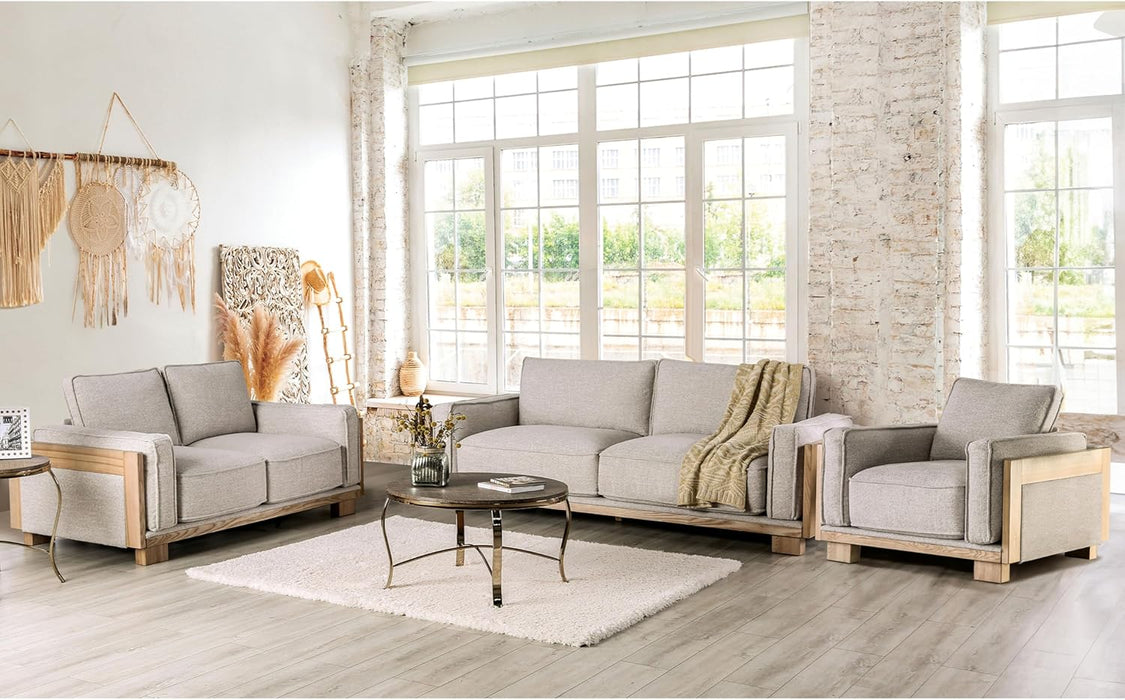 Oran Modern 3-Piece Fabric Upholstered Sofa Set with Track Arms and Reversible Loose Pillow Backs for Living Room, Home Office, Apartment, Light Brown and Natural