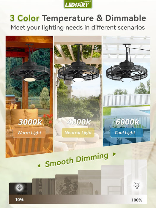 20" Outdoor Ceiling Fan with Lights, IP65 Waterproof Gazebo Fan, Plug-In Outdoor Hanging Fan Remote&App Control, 6 Speeds, 3CCT Dimmable, Caged Ceiling Fan for Gazebo, Patios, Porch,Pergola