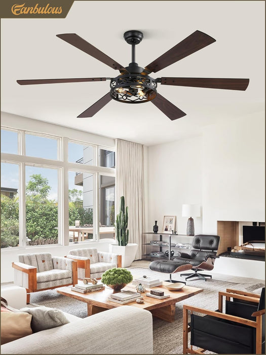 65 Inch Ceiling Fan with Lights, Farmhouse Caged Ceiling Fans with Remote, Black Industrial Ceiling Fans with Quiet Reversible DC Motor, Large Ceiling Fan for Living Room, Bedroom