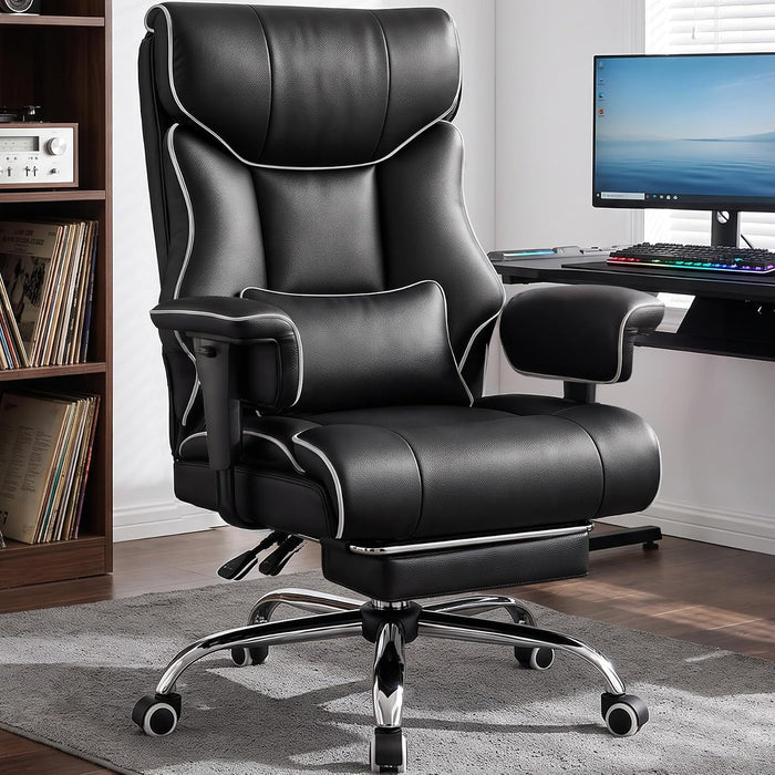 Big and Tall Office Chair,Heavy Duty Gaming Chair with Foot Rest and Wide Pocket Spring Cushion Reclining Height Adjustable for Home Office Work, Comfy Pu Leather Black-White