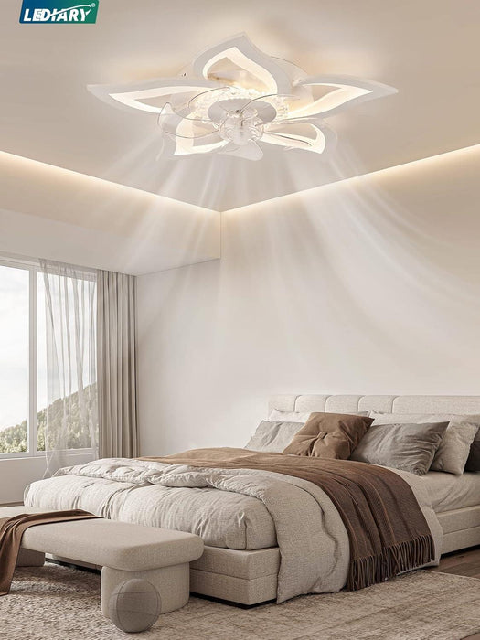 Flower Ceiling Fans with Lights, Small 27 Inch Modern Low Profile Ceiling Fan, Dimmable LED Ceiling Light Fixture, Flush Mount Ceiling Fans with Remote for Bedroom, Kitchen, Indoor-White