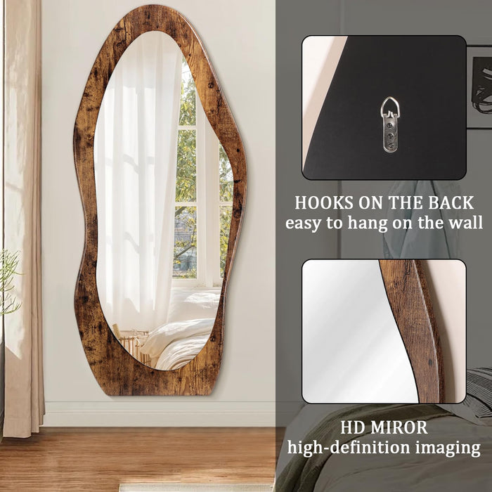 Full Length Mirror Wood Framed Full Body Mirror Wavy Retro Brown