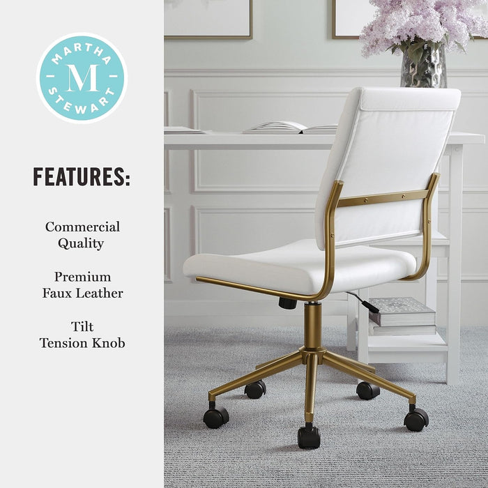 Ivy Armless Swivel Task Chair for Home Office in White Faux Leather with Polished Brass Frame