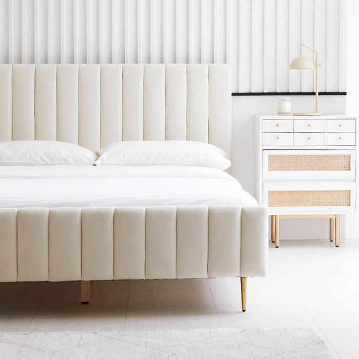 Queen Size Elton Velvet Platform Bed, Upholstered Bed Frame with Vertical Channel Tufted Headboard Footboard, Strong Wood Slats, No Box Spring Needed, Ivory (Queen)