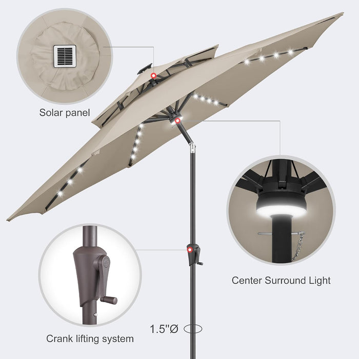 Solar Patio Umbrella Outdoor with Centre Light, 9 Ft Taupe