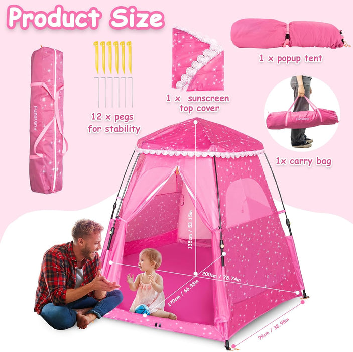 Kids Pop-Up Play Tent: 78"X66" Portable Baby Playpen Large Princess Castle Playhouse for Girls Indoor Outdoor - Toddler Play Yard with Canopy for Beach