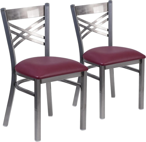 2 Pk. HERCULES Series Clear Coated ''X'' Back Metal Restaurant Chair - Burgundy Vinyl Seat