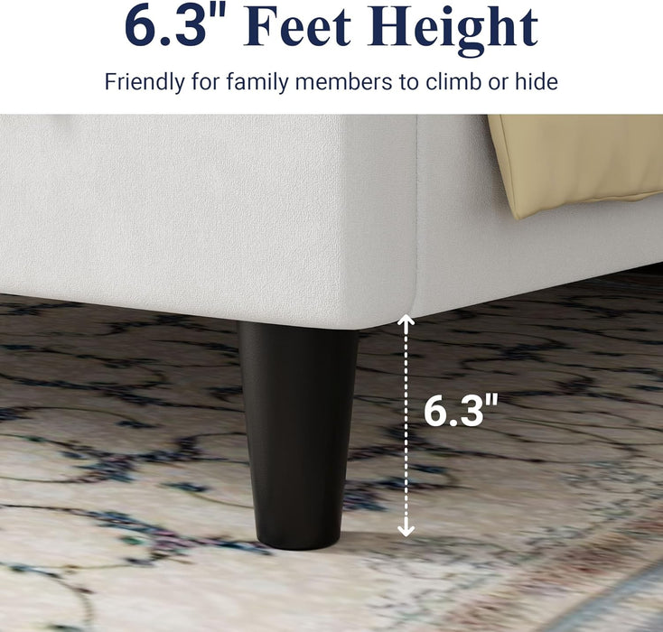 Queen Bed Frame/Velvet Upholstered Bed Frame with Vertical Channel Tufted Headboard/Strong Wooden Slats/Platform Bed Frame/Mattress Foundation/Box Spring Optional/Easy Assembly/White