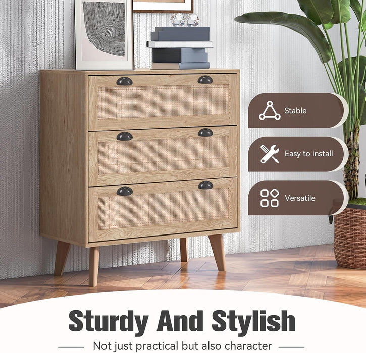 Natural Rattan Nightstand, 3 Drawer Dresser Bedside Table