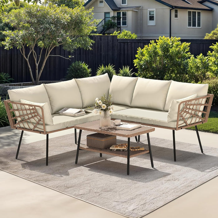 4PCS Patio Furniture Set L Shape Outdoor Couch with 2-Tier Coffee Table and Thick Cushions Patio Conversation Set Rattan Sectional Sofa Boho Outdoor Furniture Set with 5 Seater for Backyard