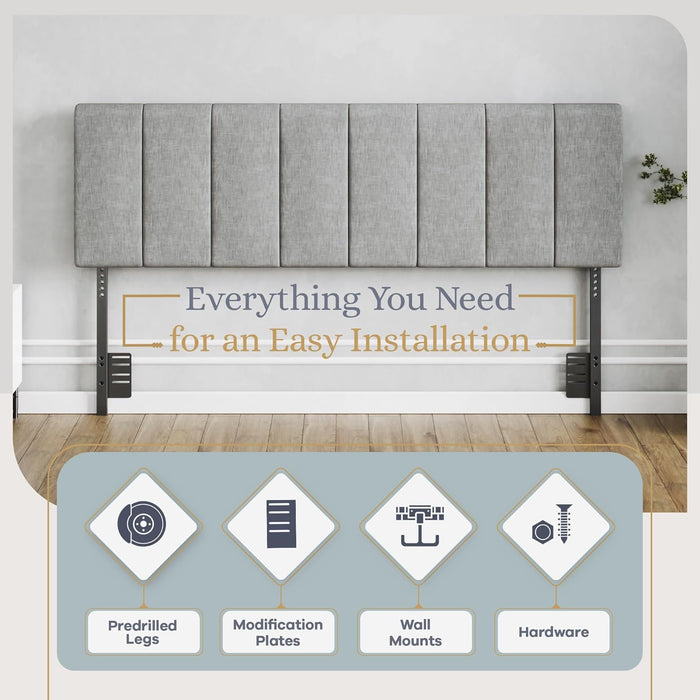 Vertical Channel-Tufted Mid-Rise Upholstered Headboard, Wall or Bed Frame Mount - King or California King (Gray)