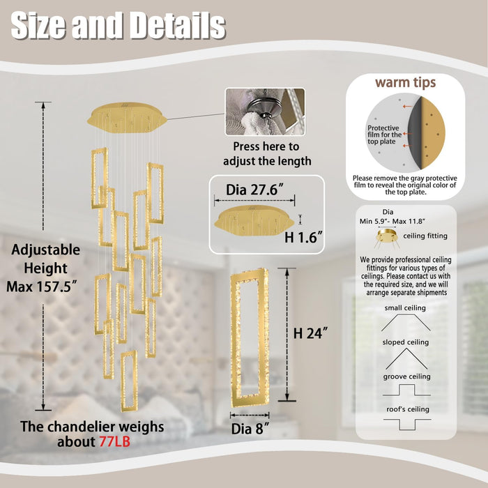 H158 Modern Chandelier 12 Rings Gold Chandelier Lighting Fixture High Ceiling Chandelier Suitable for Living Room Staircase Villa