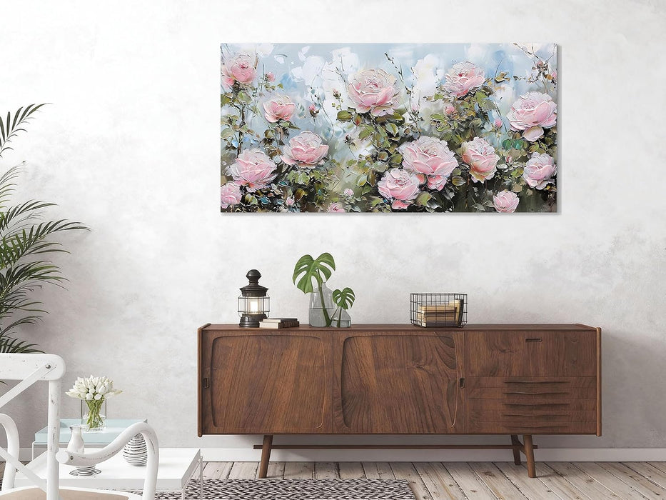Flower Wall Art Canvas Art Wall Decor, Floral Painting Textured Picture Living Room Pink Rose Artwork Large Framed for Bedroom Kitchen Dining Room Home Office Decor 40"X20"