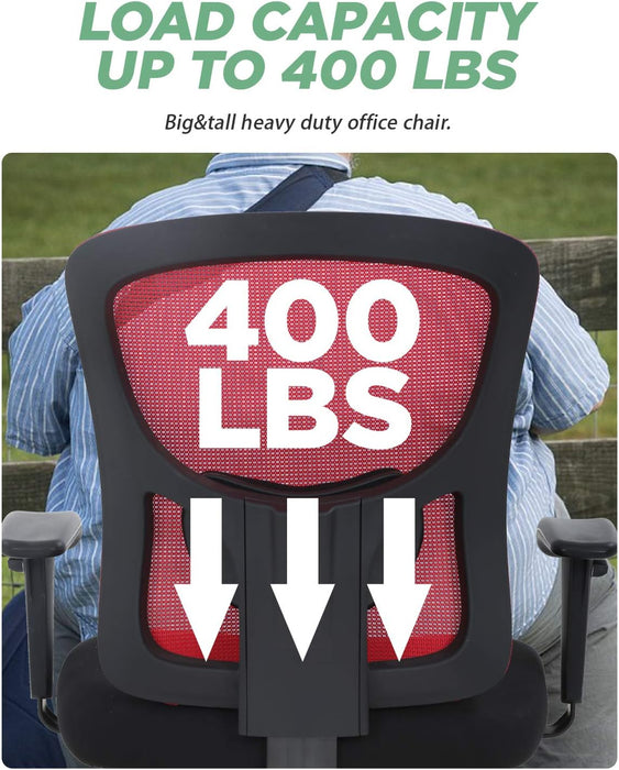 Big and Tall Office Chair 400Lbs Desk Chair Mesh Computer Chair with Lumbar Support Wide Seat Adjust Arms Rolling Swivel High Back Task Executive Ergonomic Chair,Red