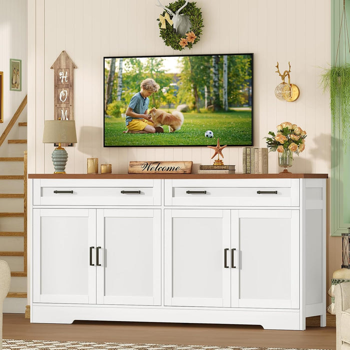 63" Buffet Cabinet with Storage, Large Sideboard Buffet Cabinet with 2 Adjustable Shelves and 4 Doors, Modern Farmhouse Coffee Bar for Kitchen, Living Room, White