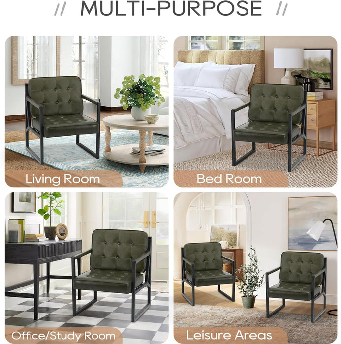 Green Full Grain Leather Upholstered Accent Armchairs