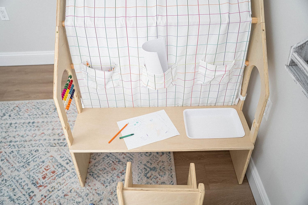 Flair Montessori Style Wooden 5 in 1 Indoor Playhouse Play Tent with Desk Table, Chair, Chalkboard, Floor Cushion and Curtain Shades for Babies, Toddlers, Kids (Large, Windowpane)