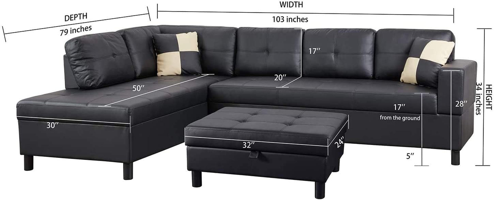 Sectional Sofa, L-Shape Faux Leather Sectional Sofa Couch Set with Chaise, Ottoman, 2 Toss Pillow Using for Living Room Furniture.（Black）