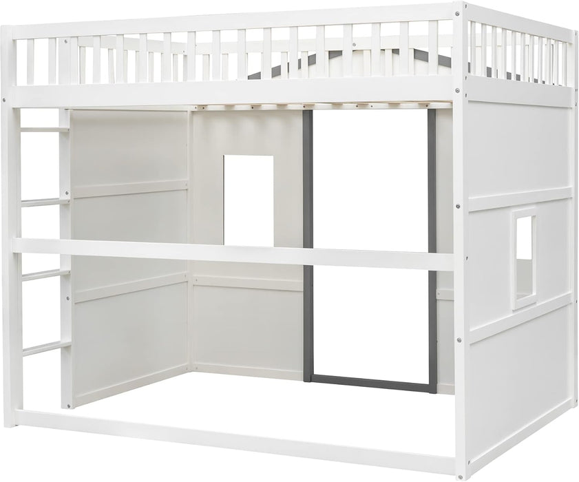 Full Size Wood House Loft Bed with Ladder, Kids Playhouse Bed with Window for Girls Boys, White+Gray