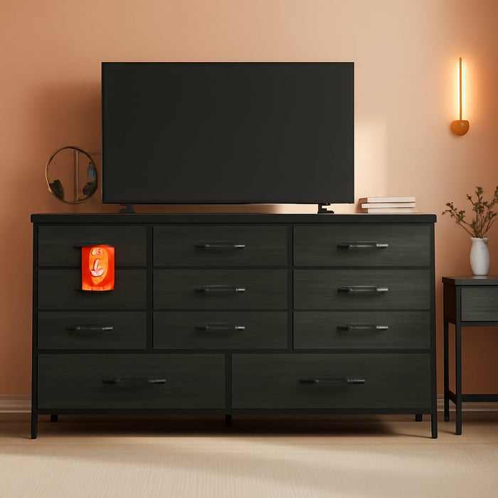 Wide Dresser with 9 Large Drawers for 55'' Long Chest TV Stand Entertainment Center,Wood Shelf Storage for Bedroom,Dorm Room,Closet,Entryway,Sturdy Metal Frame(Black Oak)