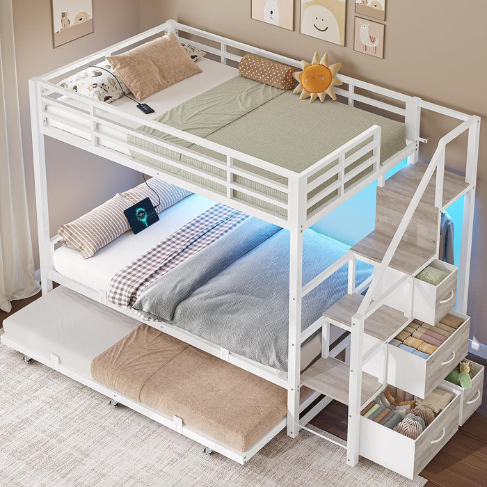 White Twin Over Twin Metal Bunk Bed Frame Trundle