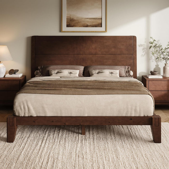 Solid Wood Full Bed Frame with Headboard, Japanese Joinery, Walnut
