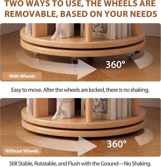 6 Tier Solid Wood Rotating Bookshelf Tower on Wheels, Natural
