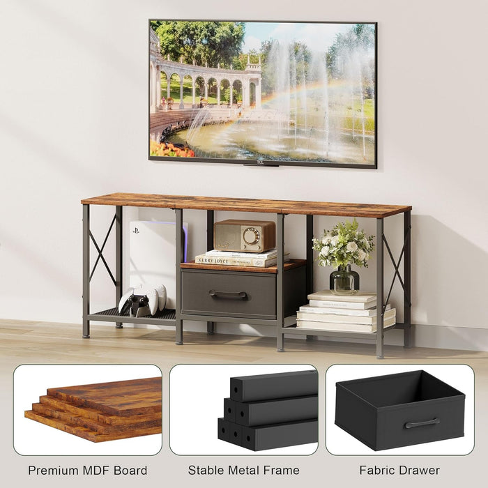 TV Stand with Fabric Drawer, Entertainment Center for 50 55 Inch TV, Industrial TV Console Table with Open Storage Shelves for Living Room, Bedroom, Rustic Brown