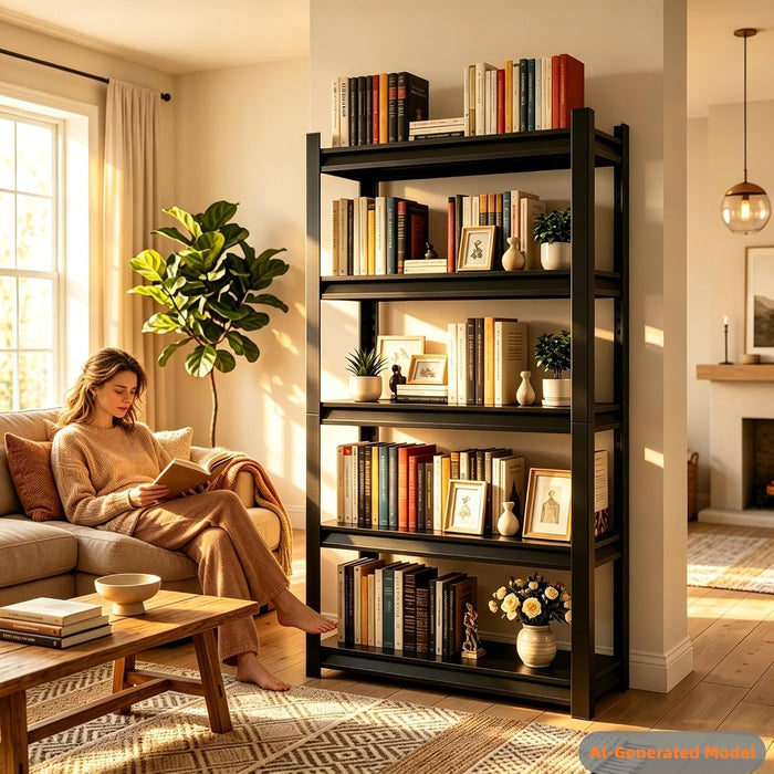 5 Tier Heavy Duty Metal Bookshelf with Adjustable Storage Shelf | Adjustable Boltless Industrial Black Bookcase, Reinforced Steel Frame Anti-Tip 72" Tall Bookcase for Home Office Living Room