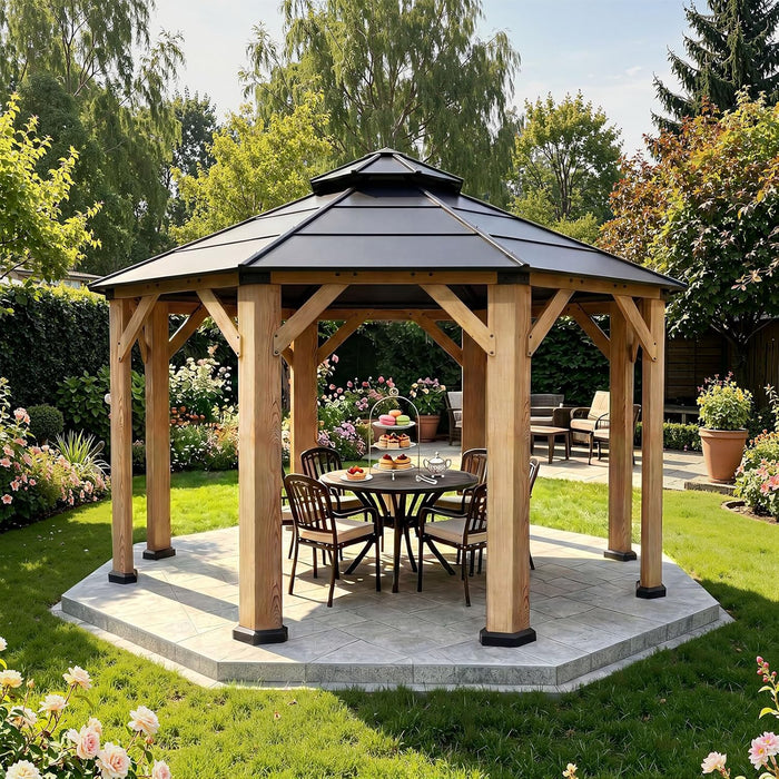 13' X 13' Outdoor Wood Gazebo, Hardtop Gazebo Permanent Wooden Pavilion with Galvanized Steel Double Roof, for Packyard, Garden, Deck, Cedar Wood