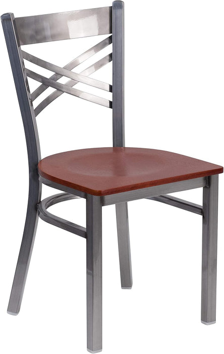 2 Pk. HERCULES Series Clear Coated ''X'' Back Metal Restaurant Chair - Cherry Wood Seat